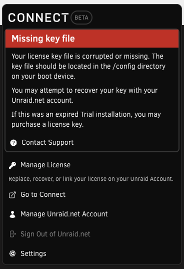 Connect panel showing a Missing key file warning and the Manage License action